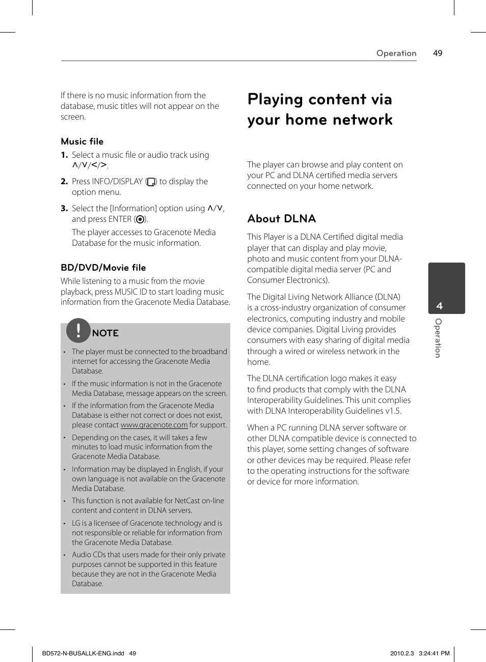 Playing content via your home network, About dlna | LG LASER SYSTEM - D??SC BD570 User Manual | Page 49 / 92