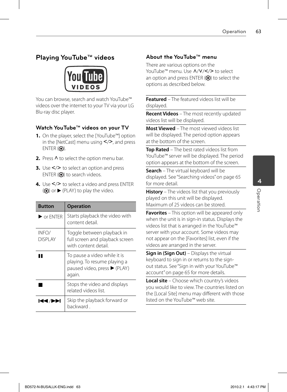 Playing youtube™ videos | LG LASER SYSTEM - D??SC BD570 User Manual | Page 63 / 92