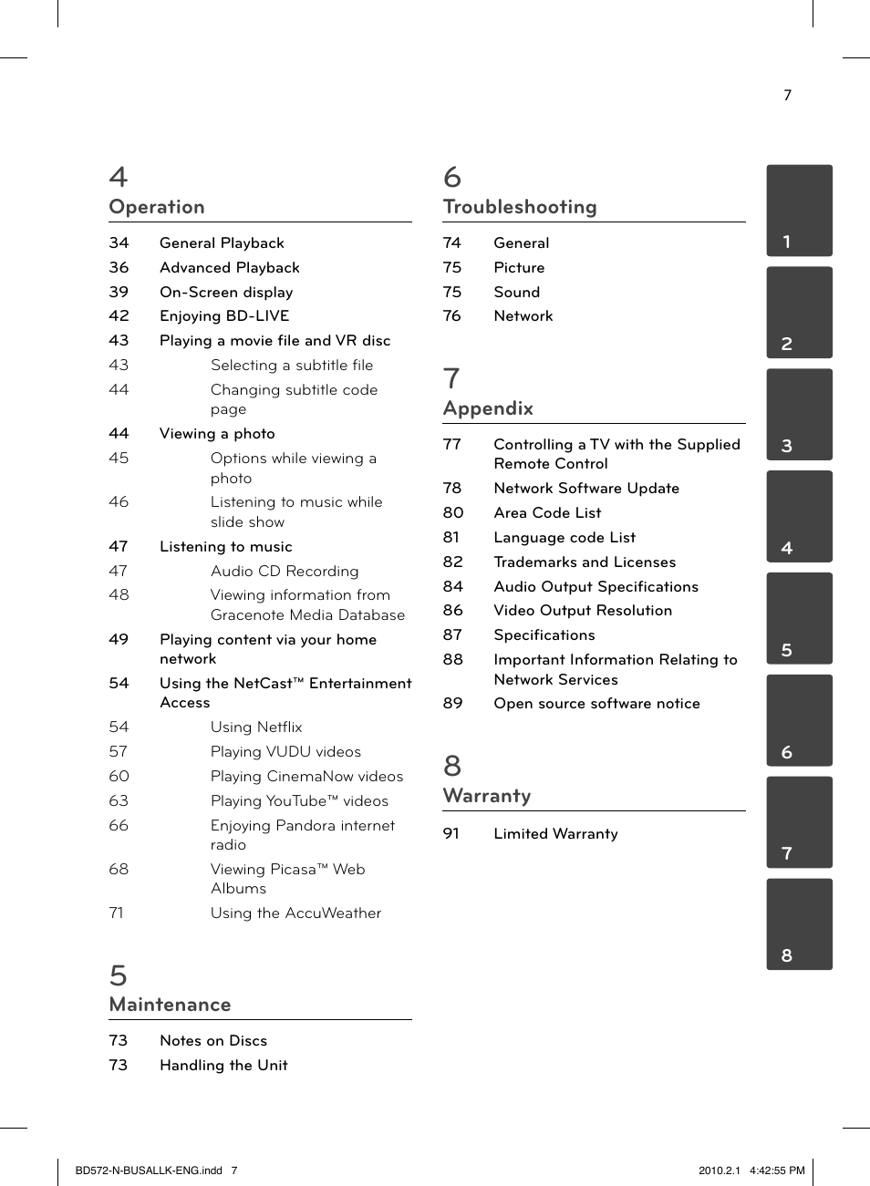 Operation, Maintenance, Troubleshooting | Appendix, Warranty | LG LASER SYSTEM - D??SC BD570 User Manual | Page 7 / 92