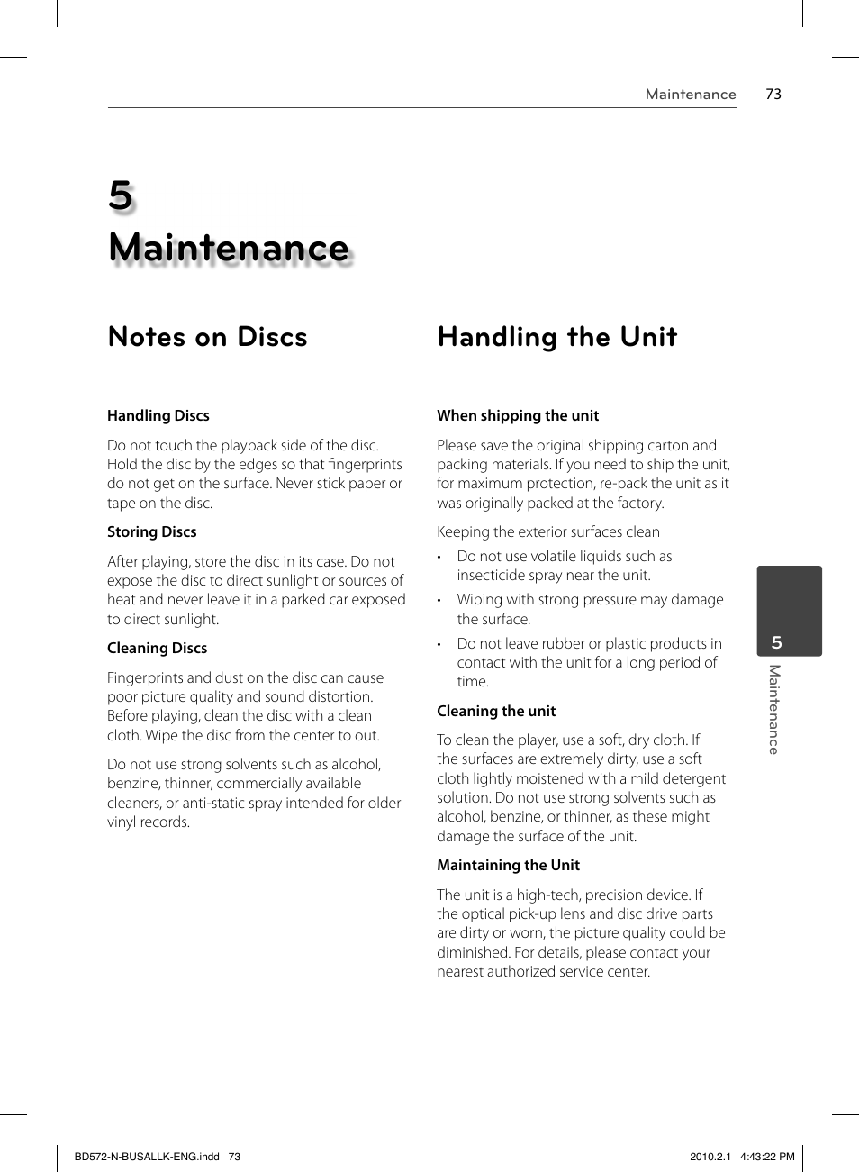 5 maintenance, Handling the unit | LG LASER SYSTEM - D??SC BD570 User Manual | Page 73 / 92