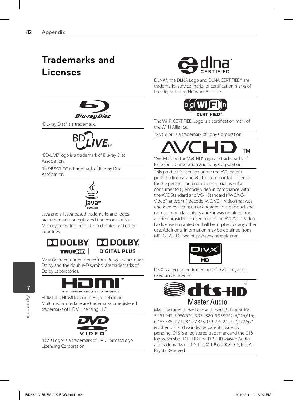 Trademarks and licenses | LG LASER SYSTEM - D??SC BD570 User Manual | Page 82 / 92