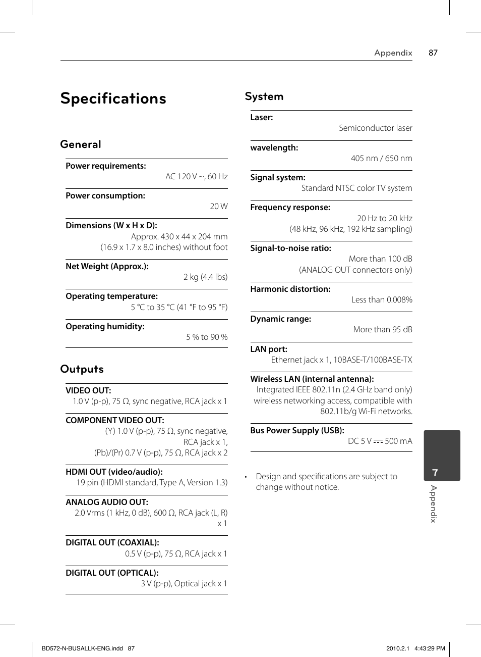Speciﬁ cations, General, Outputs | System | LG LASER SYSTEM - D??SC BD570 User Manual | Page 87 / 92