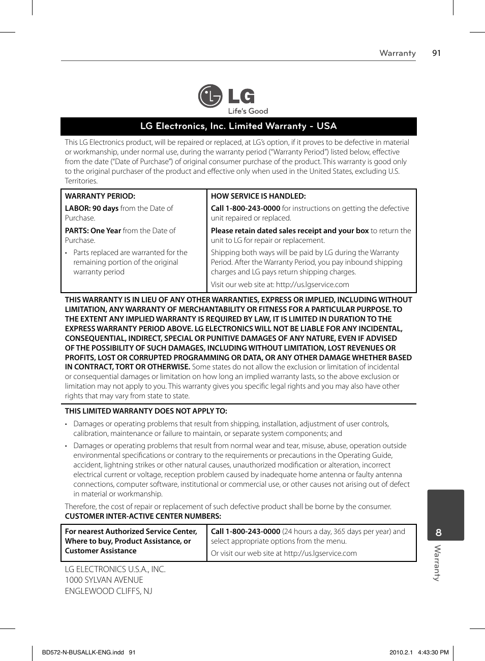 Lg electronics, inc. limited warranty - usa | LG LASER SYSTEM - D??SC BD570 User Manual | Page 91 / 92