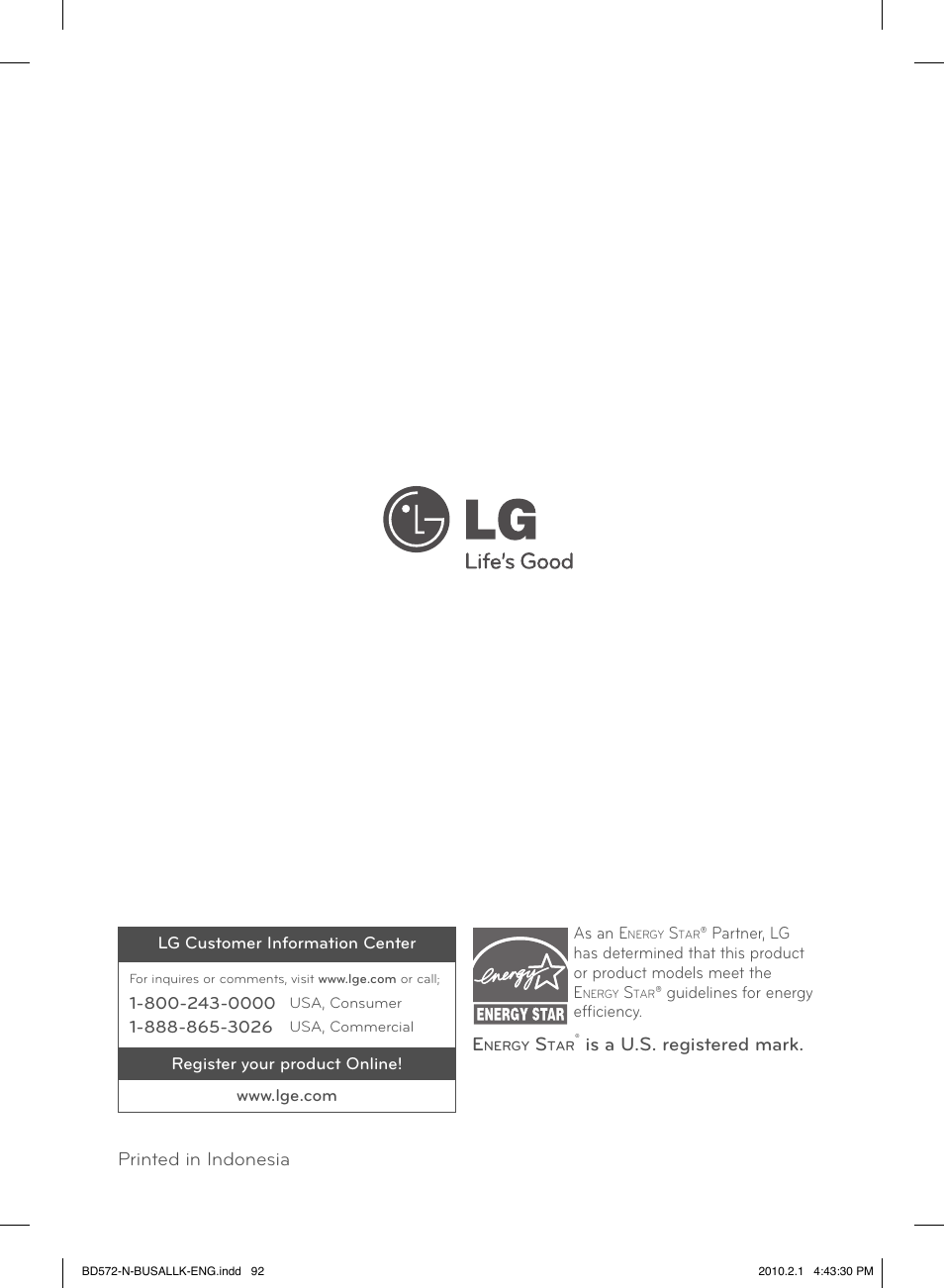 Is a u.s. registered mark, Printed in indonesia | LG LASER SYSTEM - D??SC BD570 User Manual | Page 92 / 92