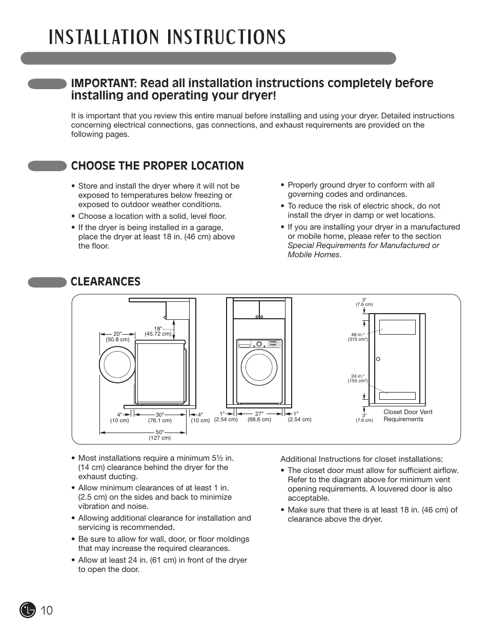 Choose the proper location, Clearances | LG DX0002TM User Manual | Page 10 / 144