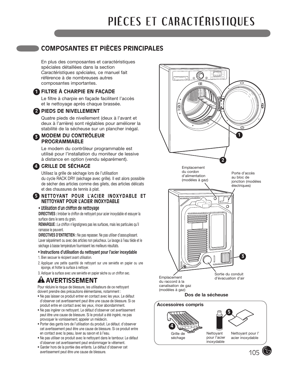 Composantes et pièces principales, Avertissement | LG DX0002TM User Manual | Page 105 / 144