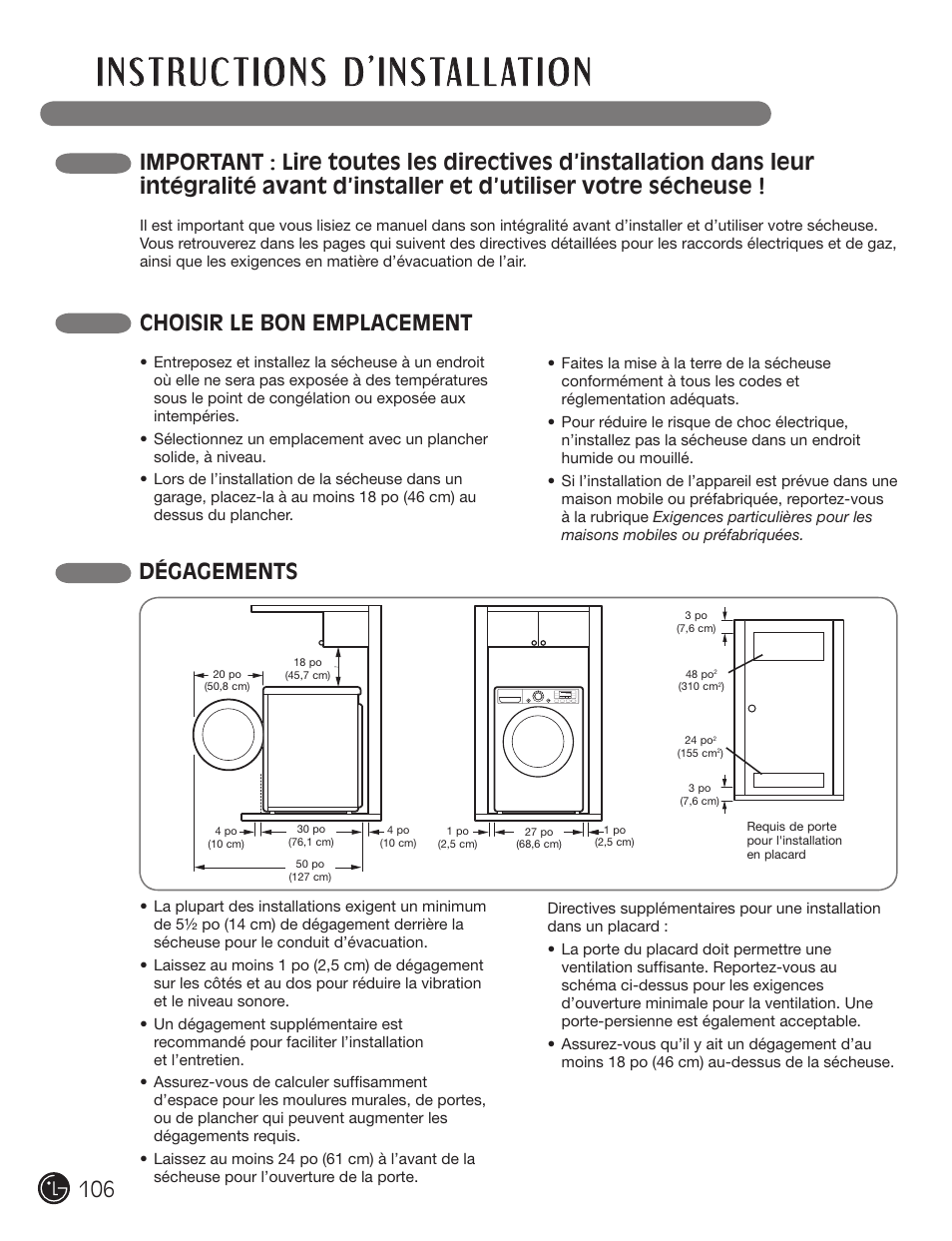 Choisir le bon emplacement, Dégagements | LG DX0002TM User Manual | Page 106 / 144