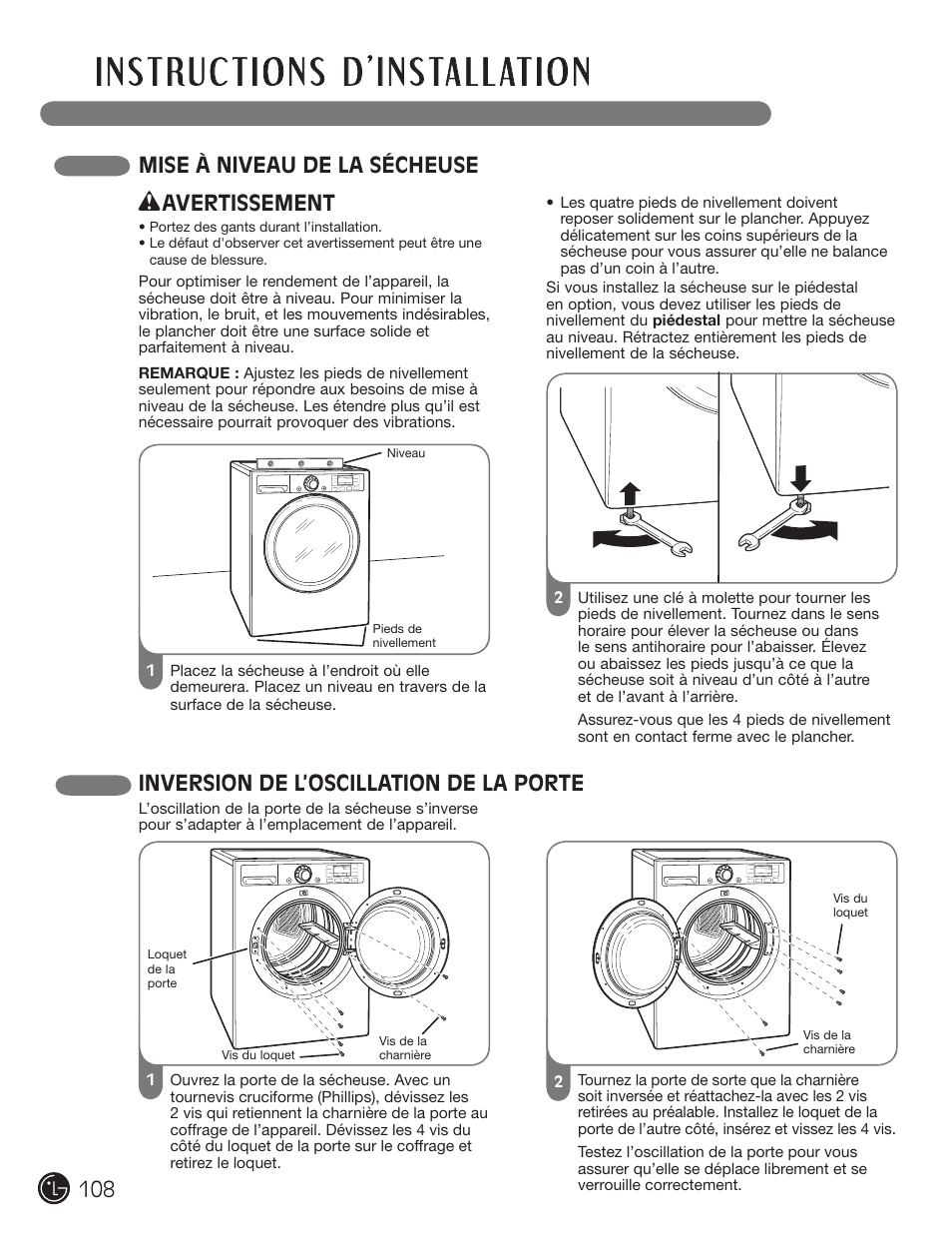 Mise à niveau de la sécheuse, Inversion de l’oscillation de la porte, Avertissement | LG DX0002TM User Manual | Page 108 / 144