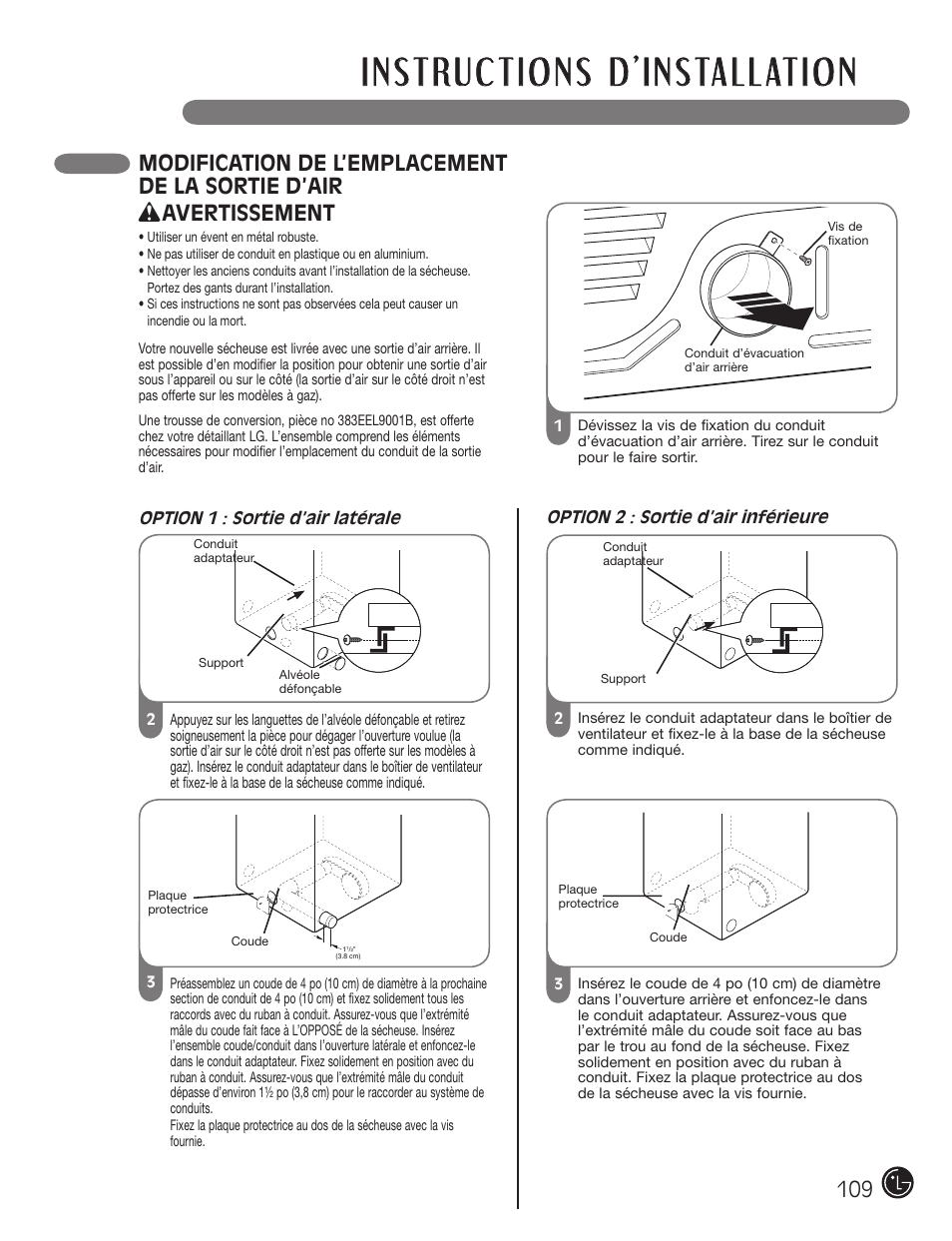 Modification de l’emplacement de la sortie d’air, Avertissement | LG DX0002TM User Manual | Page 109 / 144