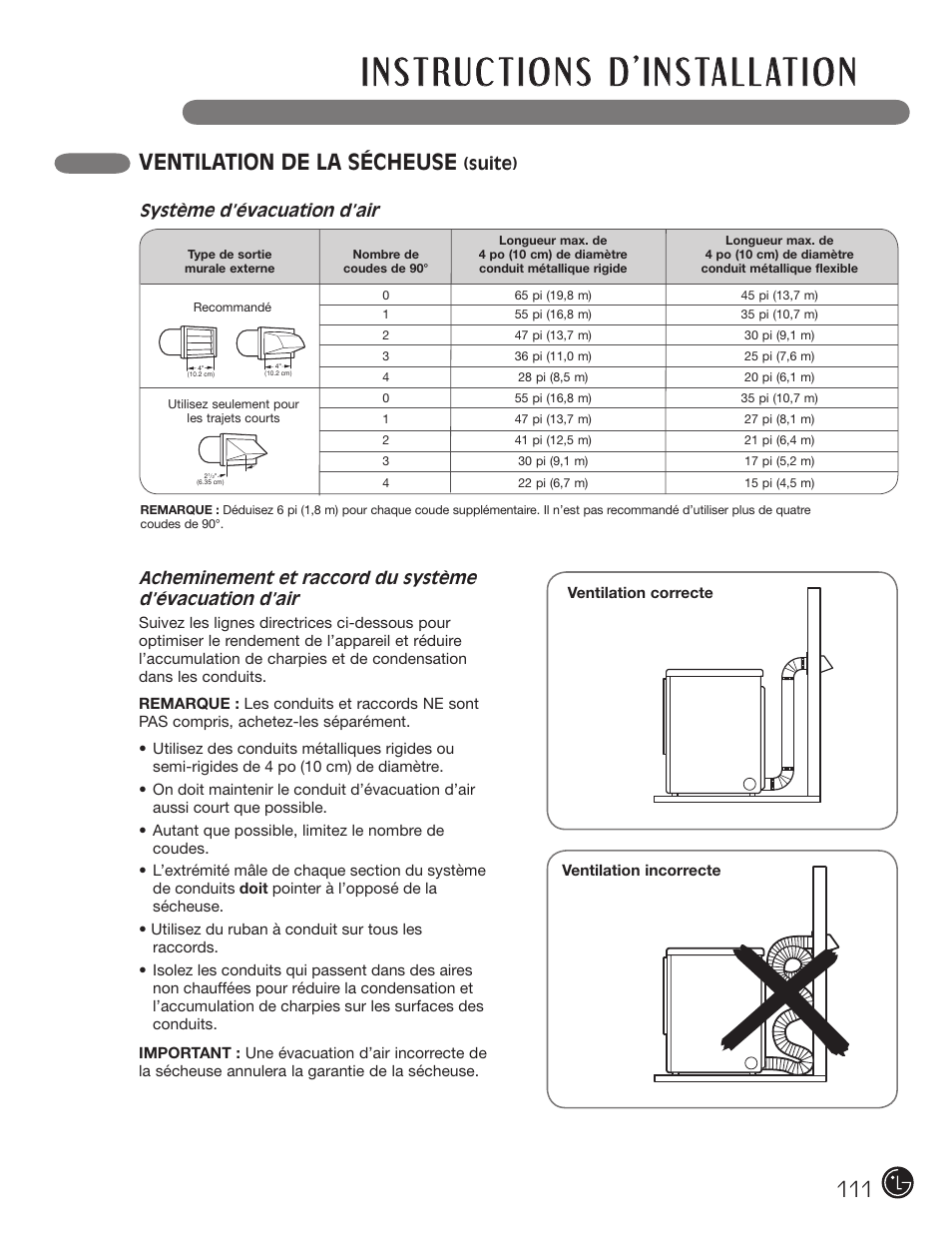 Ventilation de la sécheuse, Suite), Système d’évacuation d’air | LG DX0002TM User Manual | Page 111 / 144