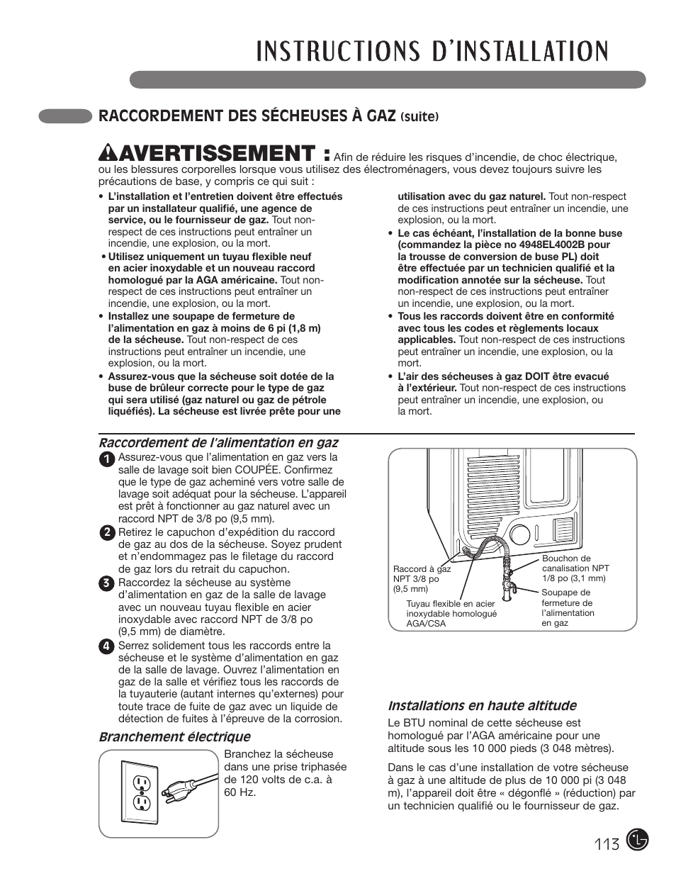 Wavertissement, 113 raccordement des sécheuses à gaz | LG DX0002TM User Manual | Page 113 / 144