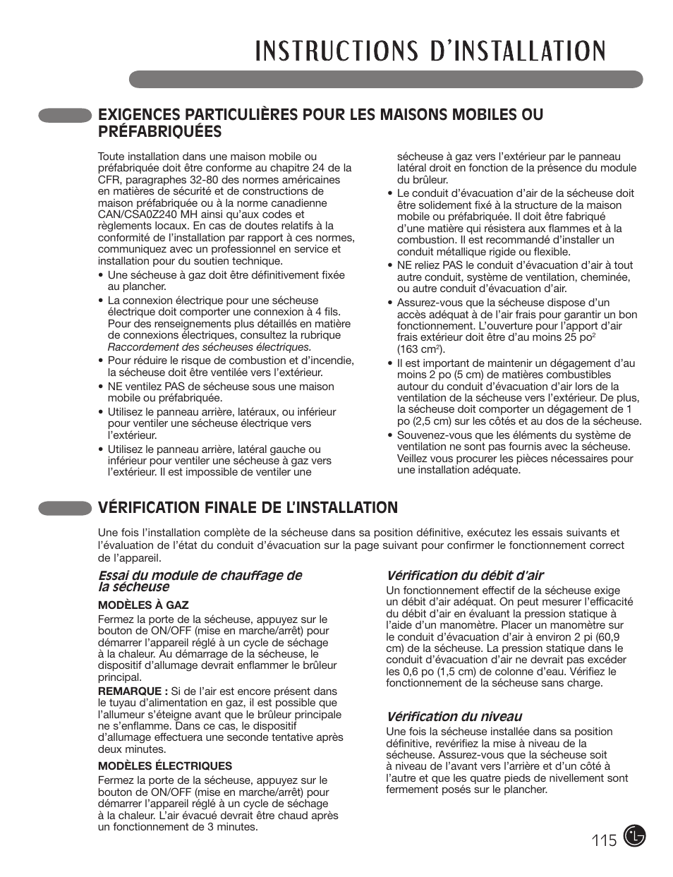 Vérification finale de l’installation | LG DX0002TM User Manual | Page 115 / 144