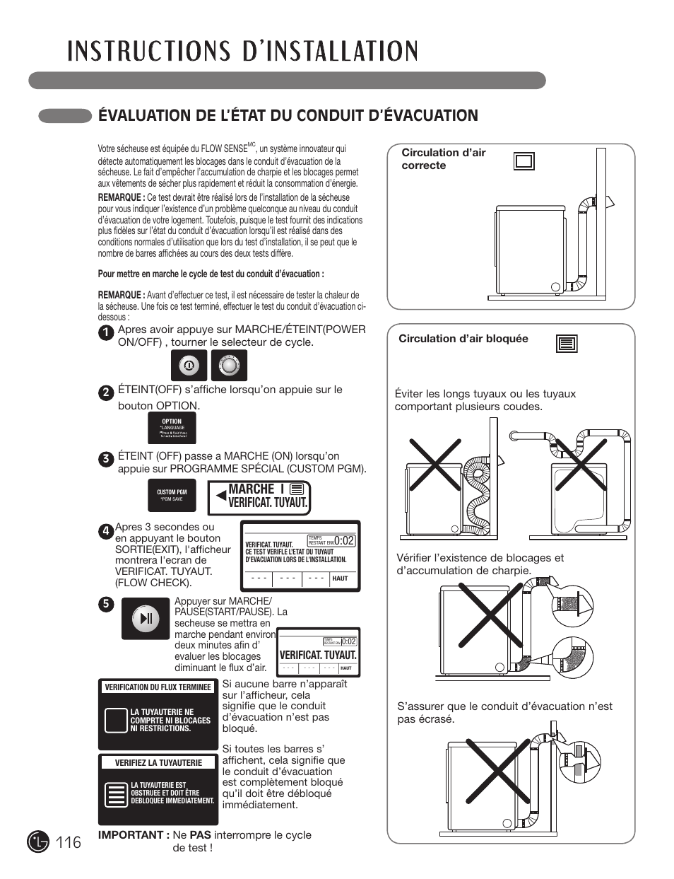 Évaluation de l’état du conduit d’évacuation, Marche i verificat. tuyaut | LG DX0002TM User Manual | Page 116 / 144