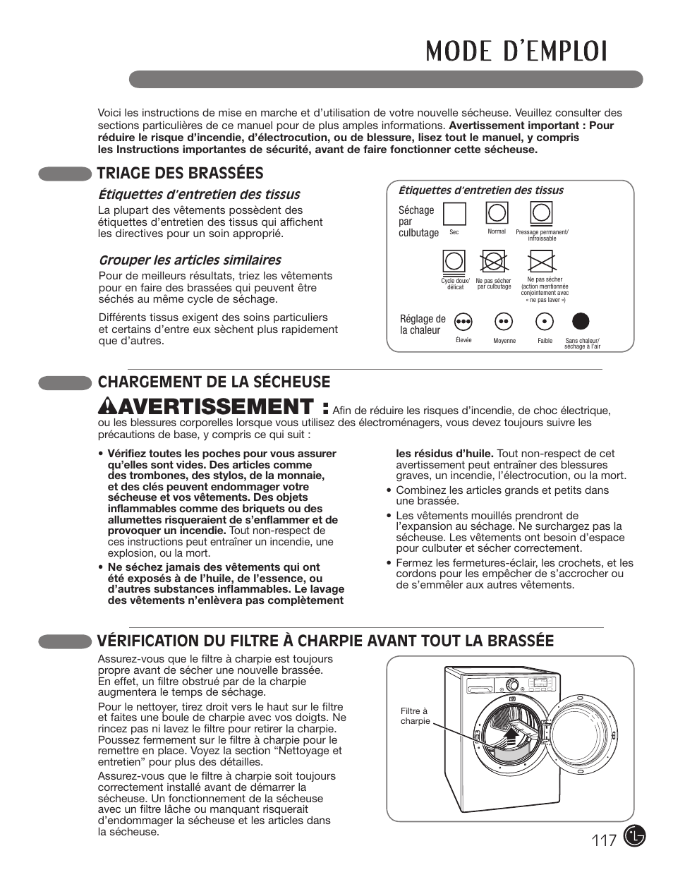Wavertissement, Chargement de la sécheuse, Triage des brassées | LG DX0002TM User Manual | Page 117 / 144
