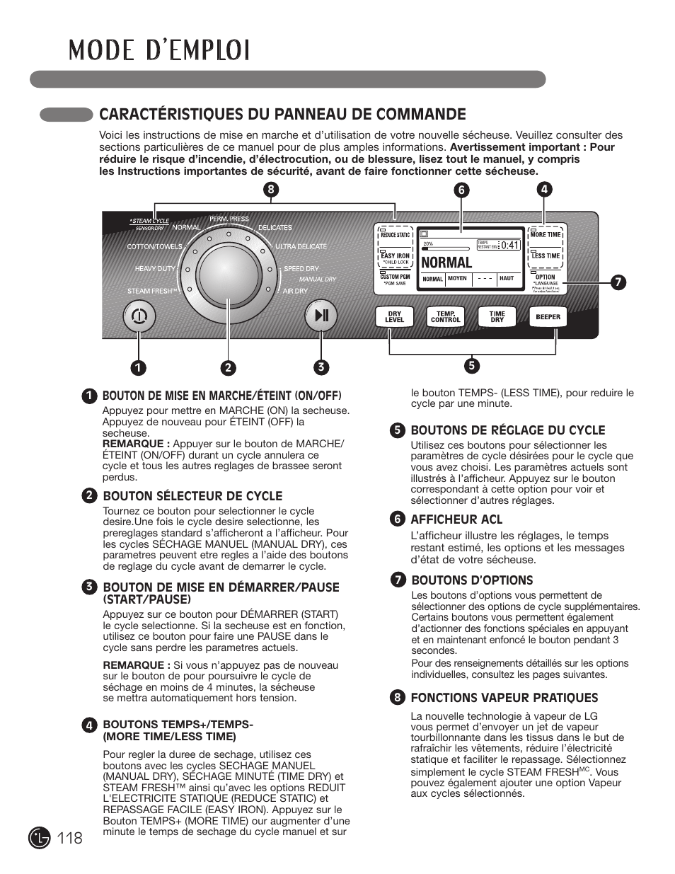 Caractéristiques du panneau de commande | LG DX0002TM User Manual | Page 118 / 144