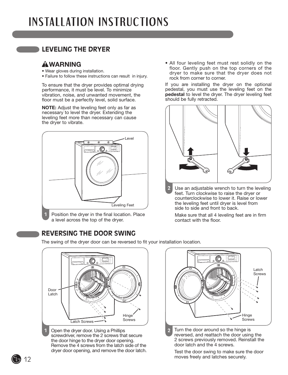 Leveling the dryer, Reversing the door swing, Warning | LG DX0002TM User Manual | Page 12 / 144