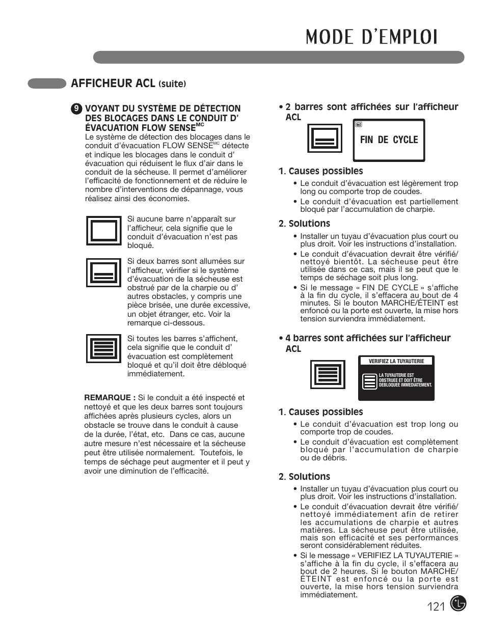 Afficheur acl, Fin de cycle | LG DX0002TM User Manual | Page 121 / 144