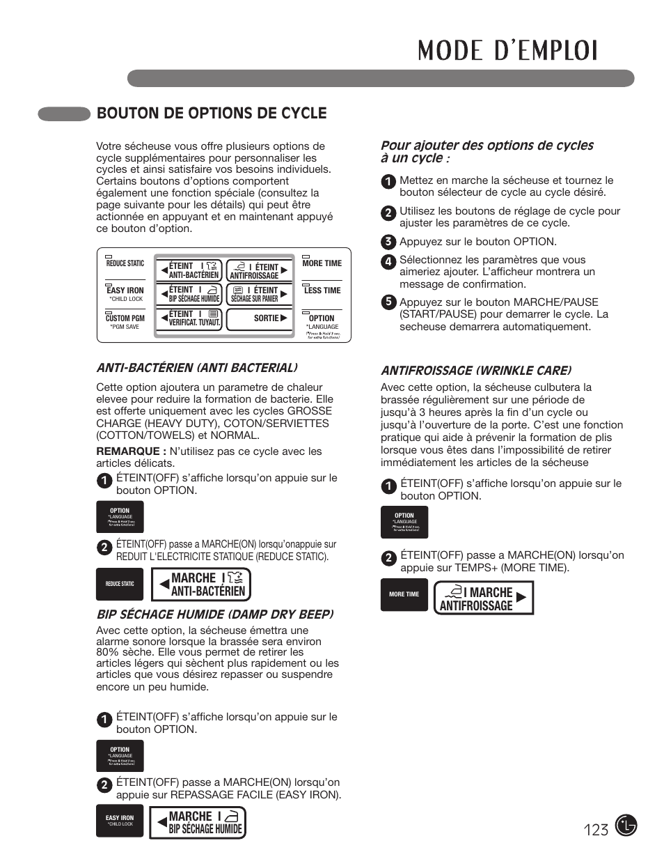 Bouton de options de cycle, I marche antifroissage, Marche i anti-bactérien | Marche i bip séchage humide | LG DX0002TM User Manual | Page 123 / 144