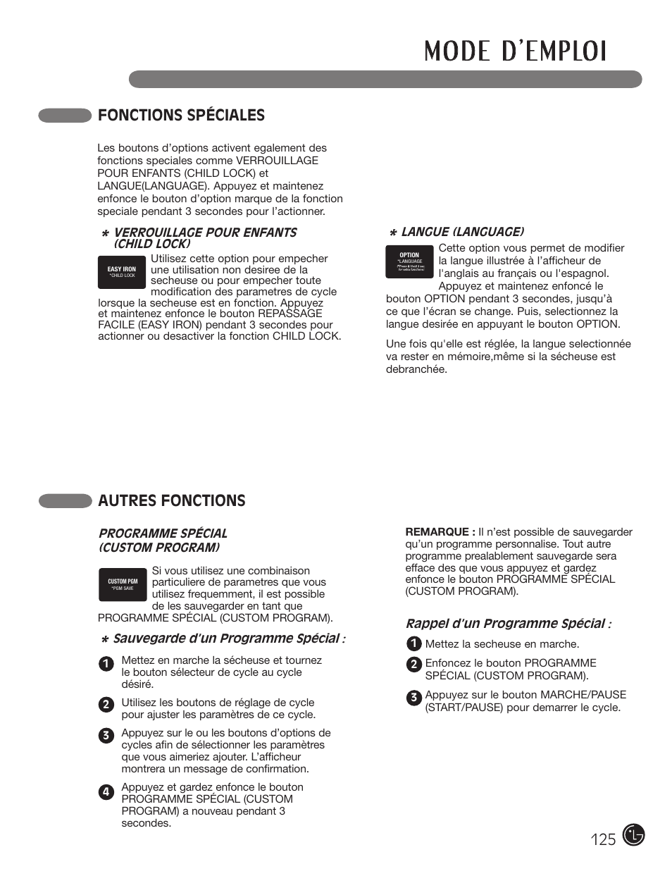 Autres fonctions fonctions spéciales | LG DX0002TM User Manual | Page 125 / 144