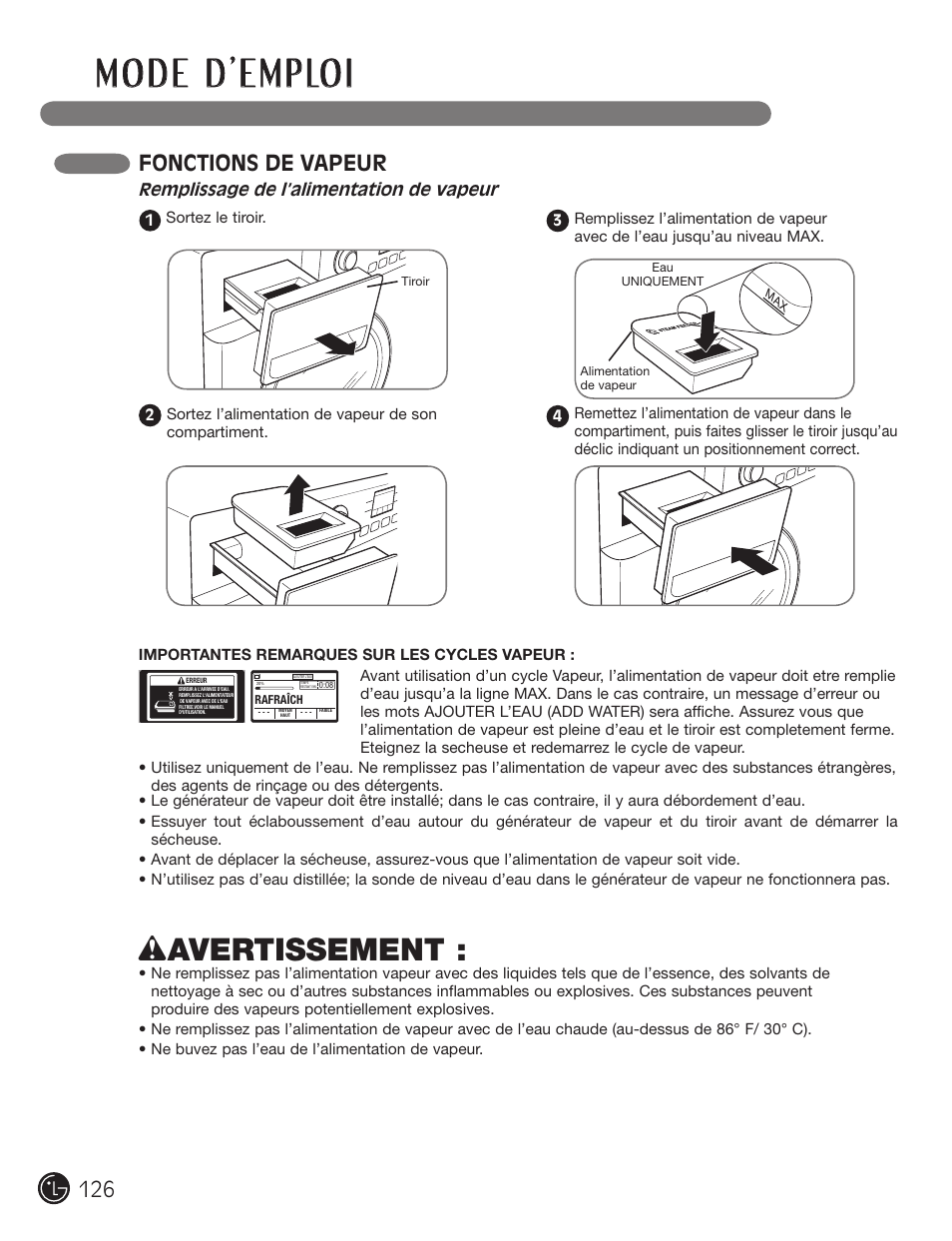 Wavertissement, Fonctions de vapeur | LG DX0002TM User Manual | Page 126 / 144