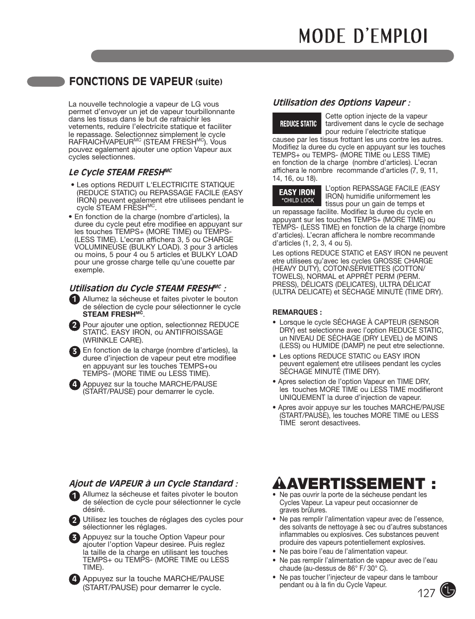 Wavertissement, Fonctions de vapeur | LG DX0002TM User Manual | Page 127 / 144