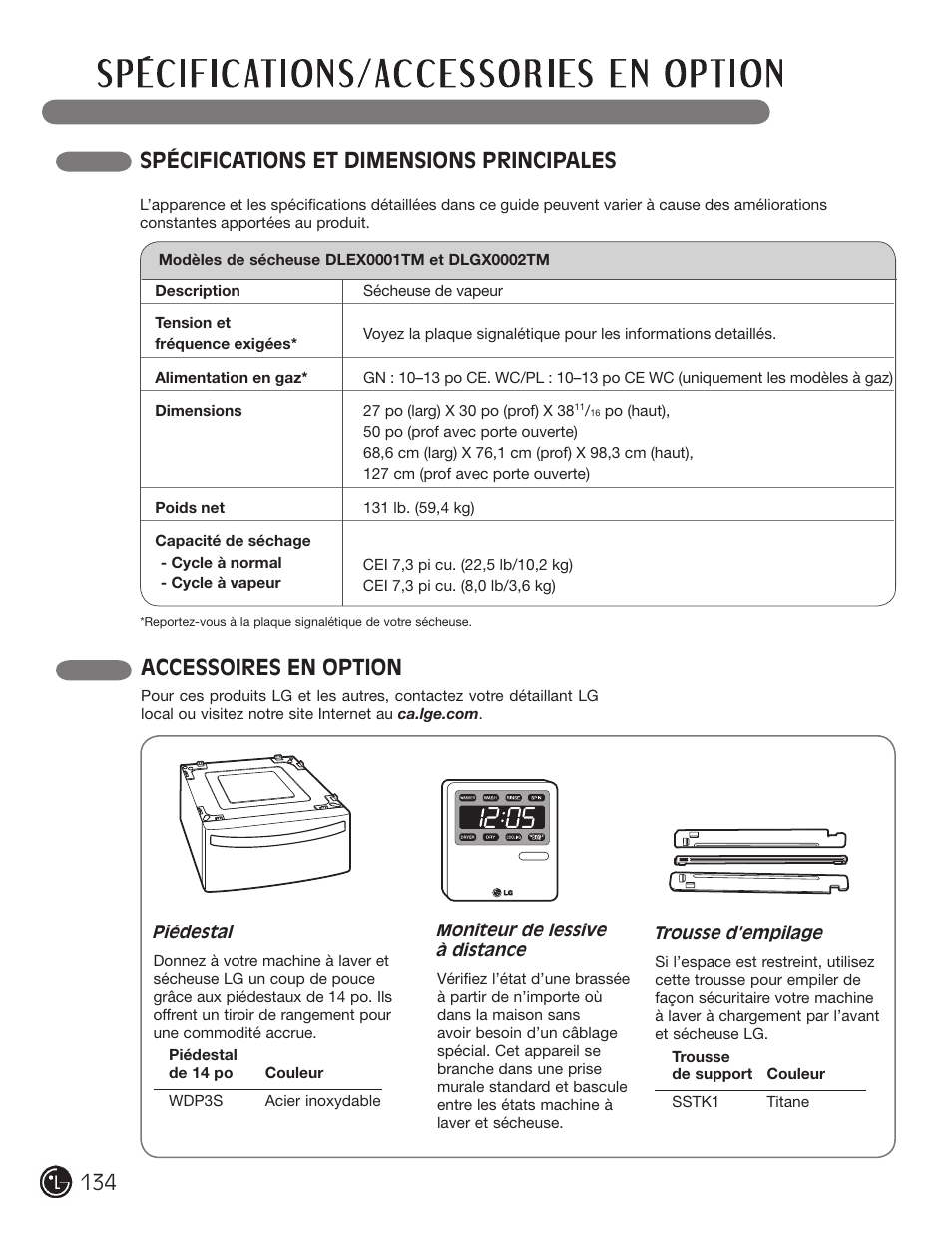 Spécifications et dimensions principales, Accessoires en option | LG DX0002TM User Manual | Page 134 / 144