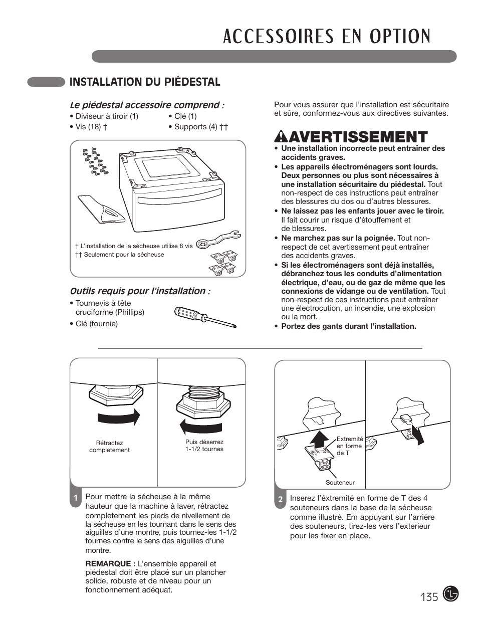 Wavertissement, Installation du piédestal | LG DX0002TM User Manual | Page 135 / 144