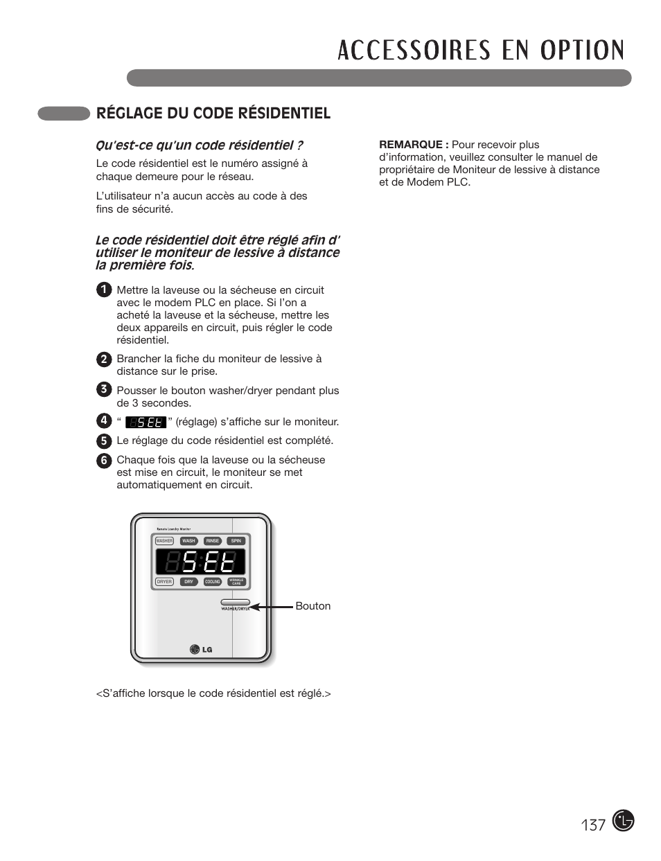 Réglage du code résidentiel | LG DX0002TM User Manual | Page 137 / 144