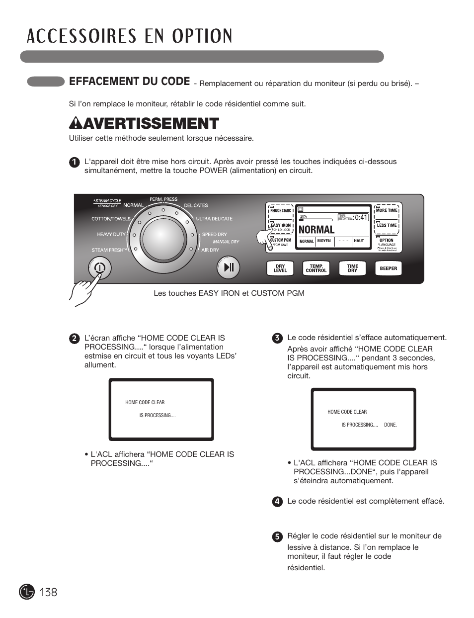 Wavertissement, Effacement du code | LG DX0002TM User Manual | Page 138 / 144