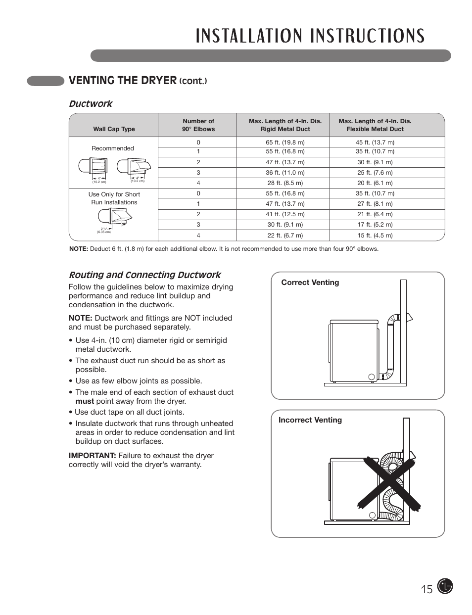 Venting the dryer, Routing and connecting ductwork, Cont.) | Ductwork | LG DX0002TM User Manual | Page 15 / 144