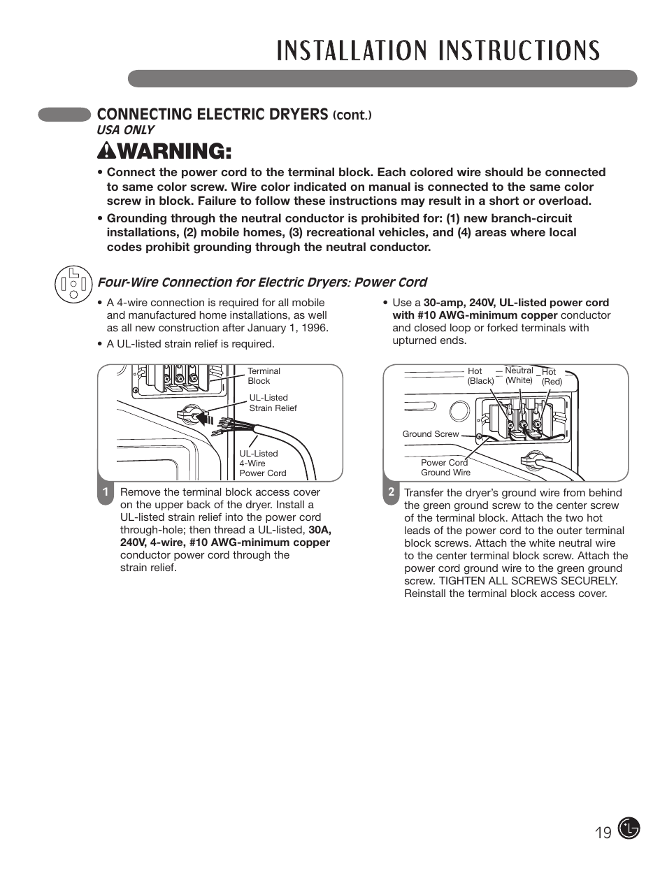 Wwarning, Connecting electric dryers | LG DX0002TM User Manual | Page 19 / 144