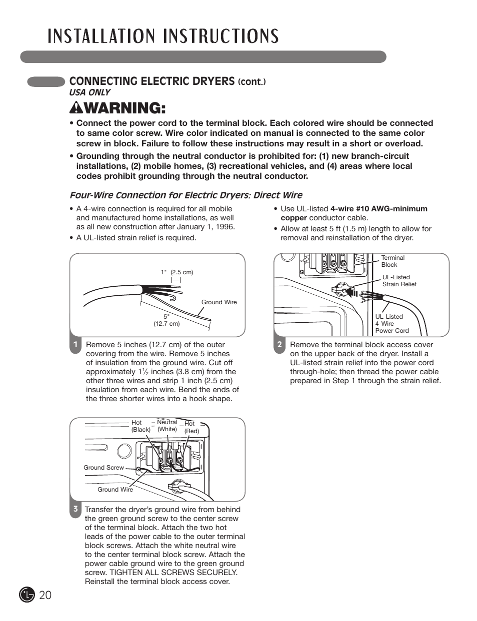 Wwarning, Connecting electric dryers | LG DX0002TM User Manual | Page 20 / 144