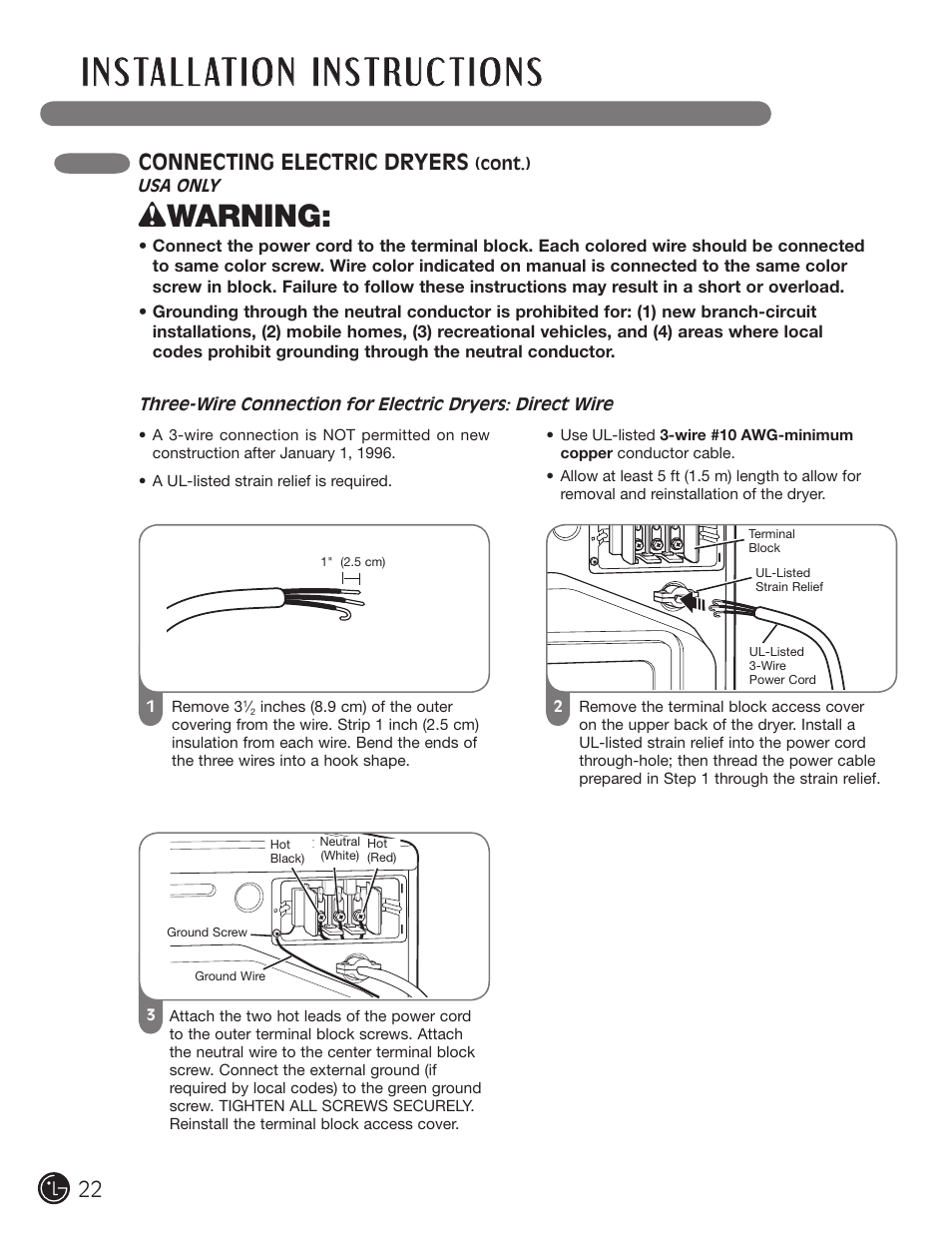 Wwarning, Connecting electric dryers | LG DX0002TM User Manual | Page 22 / 144