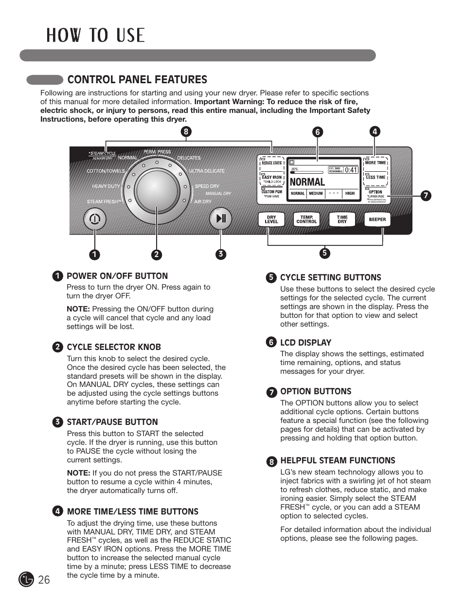 H o w to u s e, Control panel features | LG DX0002TM User Manual | Page 26 / 144