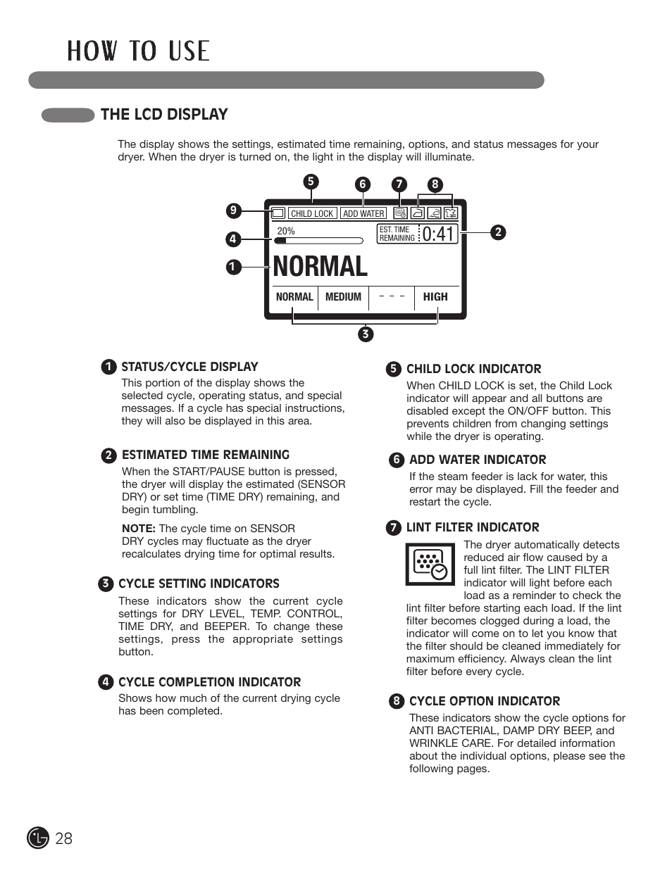 Normal, H o w to u s e, The lcd display | LG DX0002TM User Manual | Page 28 / 144