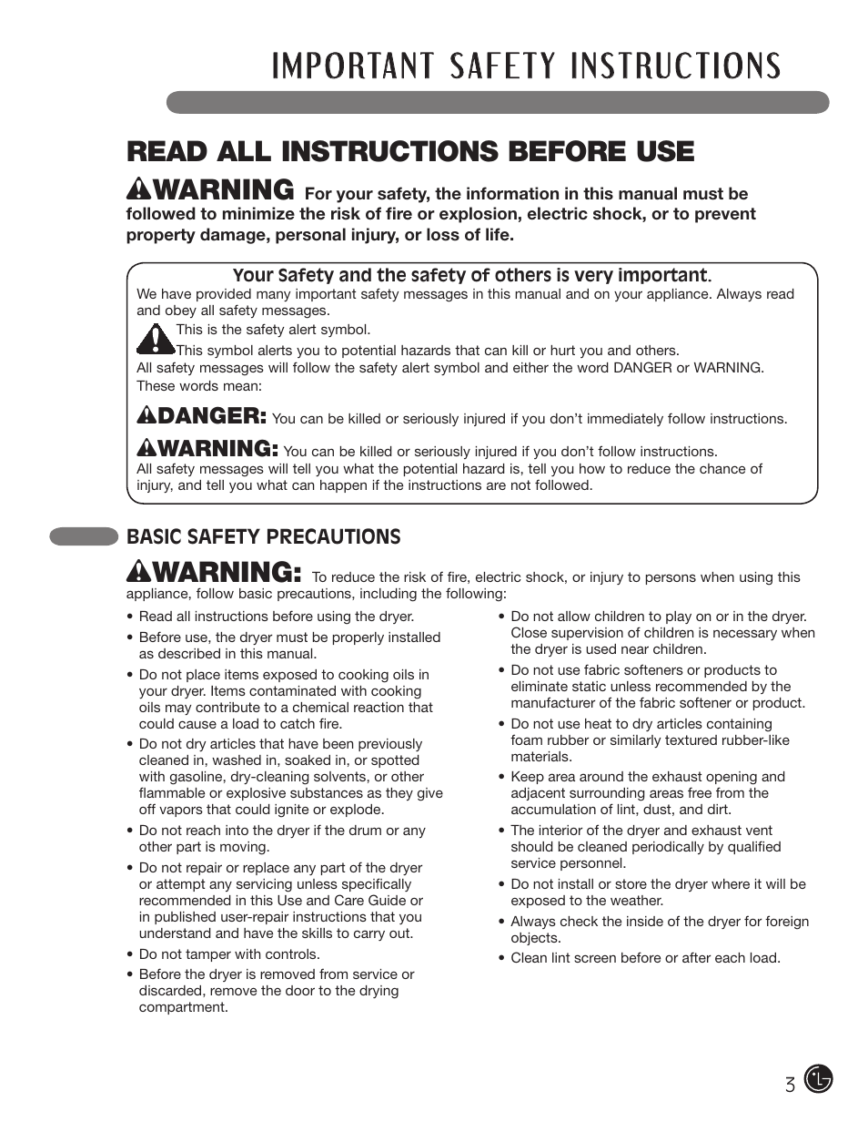 Read all instructions before use w warning, Wdanger, Wwarning | LG DX0002TM User Manual | Page 3 / 144