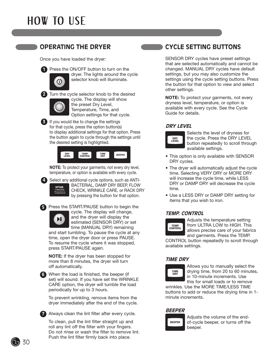 H o w to u s e, Cycle setting buttons, Operating the dryer | LG DX0002TM User Manual | Page 30 / 144