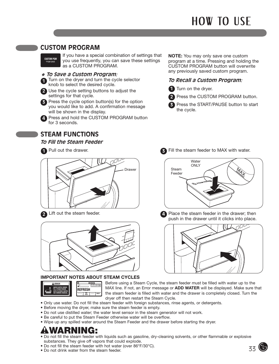 H o w to u s e, Wwarning, Custom program | Steam functions | LG DX0002TM User Manual | Page 33 / 144