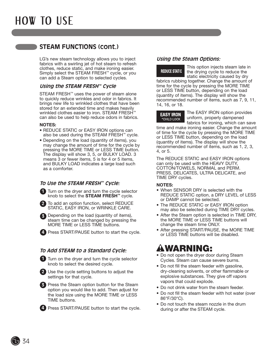 H o w to u s e, Wwarning, Steam functions (cont.) | LG DX0002TM User Manual | Page 34 / 144