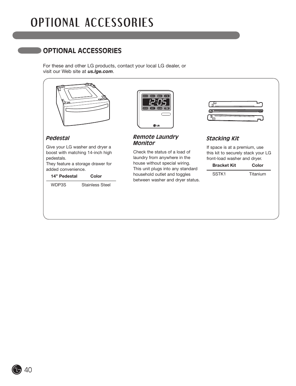 Optional accessories | LG DX0002TM User Manual | Page 40 / 144