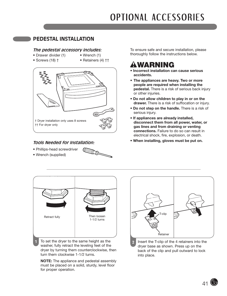 Wwarning, Pedestal installation | LG DX0002TM User Manual | Page 41 / 144