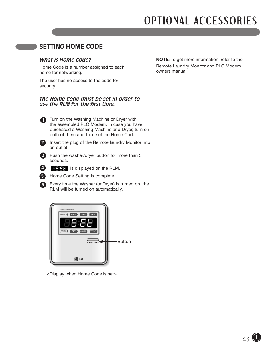 Setting home code | LG DX0002TM User Manual | Page 43 / 144