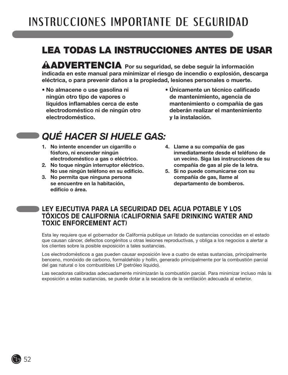 Qué hacer si huele gas | LG DX0002TM User Manual | Page 52 / 144