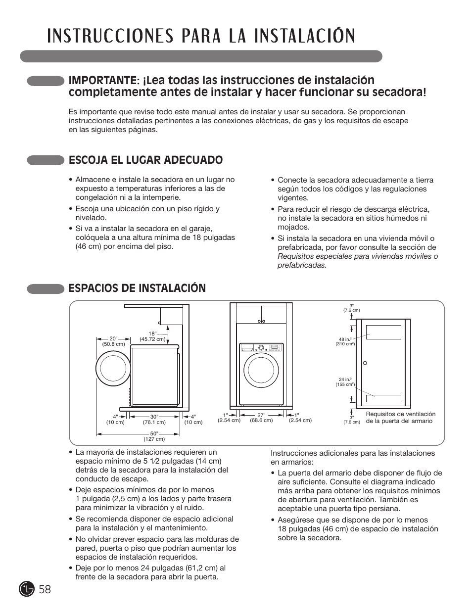 Escoja el lugar adecuado, Espacios de instalación | LG DX0002TM User Manual | Page 58 / 144