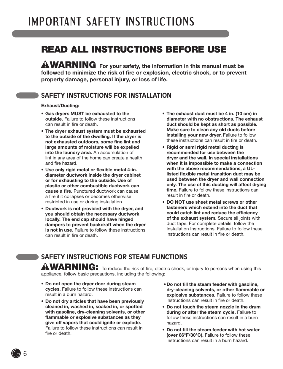 Read all instructions before use, Wwarning | LG DX0002TM User Manual | Page 6 / 144