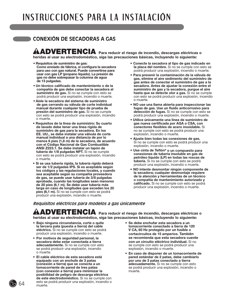 Wadvertencia, 64 conexión de secadoras a gas | LG DX0002TM User Manual | Page 64 / 144