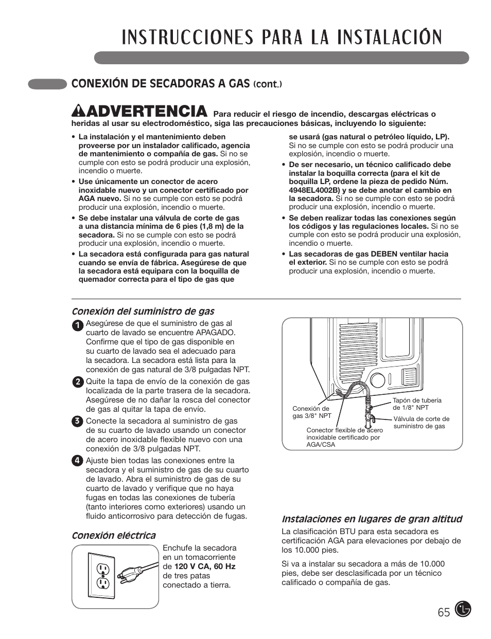 Wadvertencia, Conexión de secadoras a gas | LG DX0002TM User Manual | Page 65 / 144