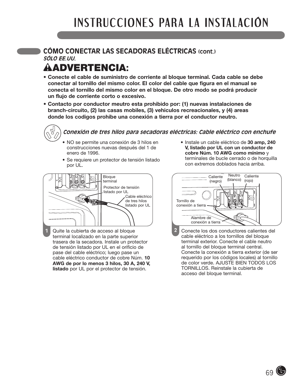 Wadvertencia, Cómo conectar las secadoras eléctricas | LG DX0002TM User Manual | Page 69 / 144