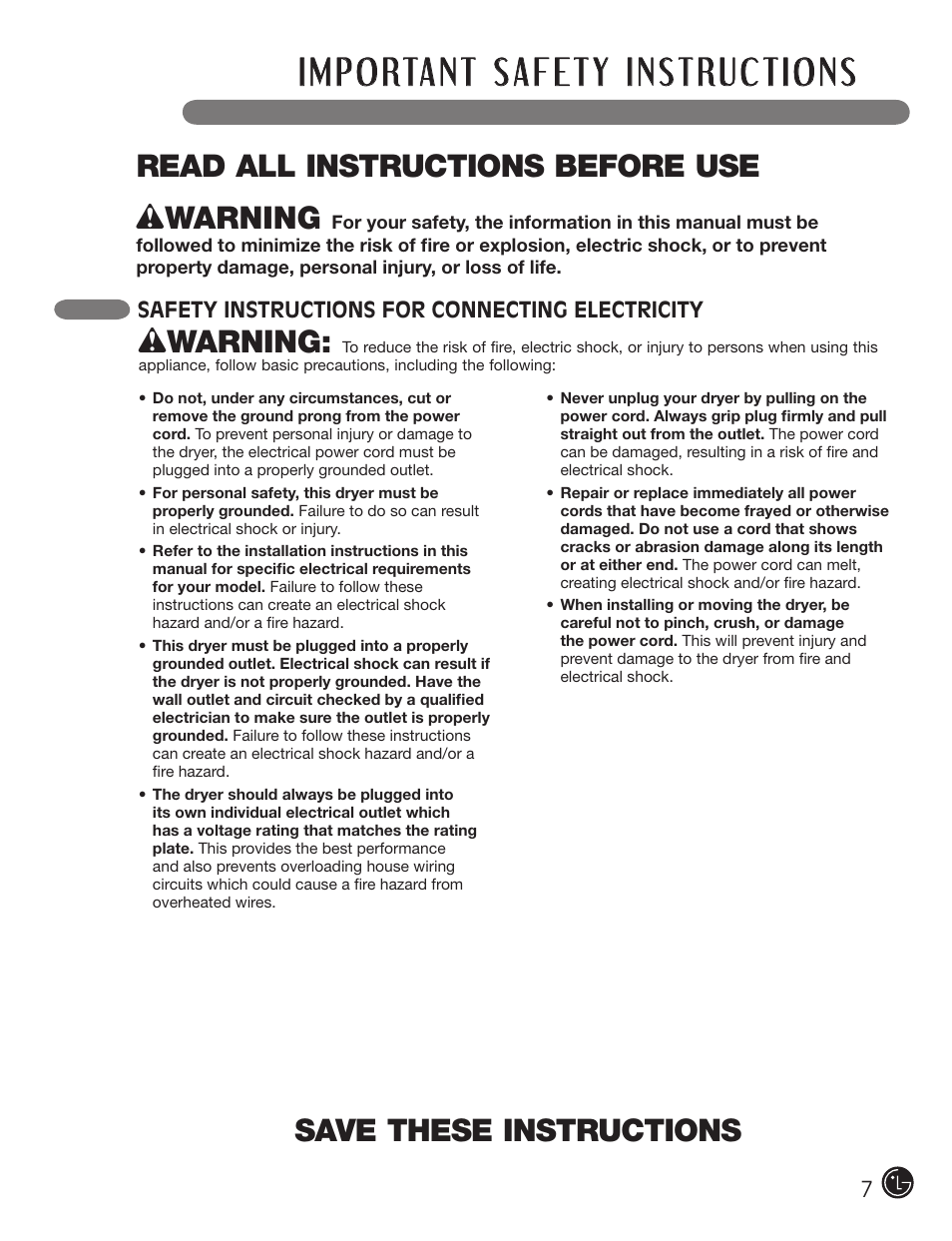 Save these instructions, Wwarning, Read all instructions before use w warning | LG DX0002TM User Manual | Page 7 / 144