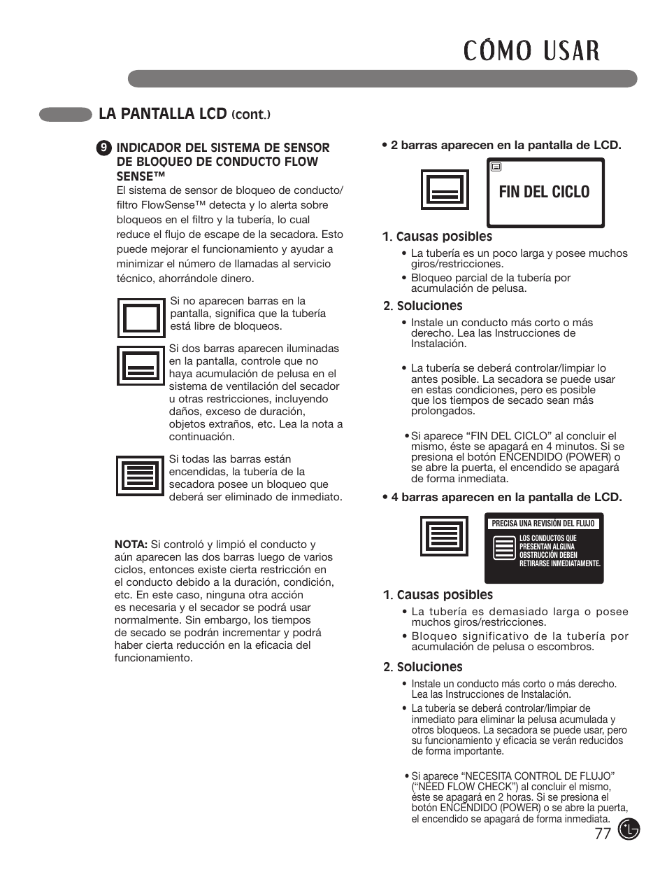 Fin del ciclo, La pantalla lcd | LG DX0002TM User Manual | Page 77 / 144